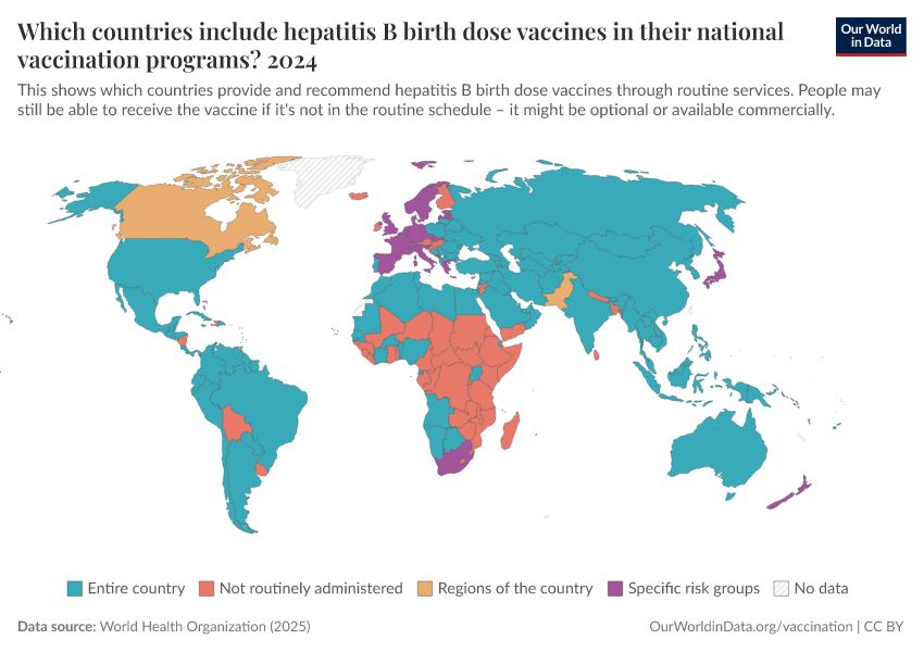 A thumbnail of the "Which countries include hepatitis B birth dose vaccines in their national vaccination programs?" chart