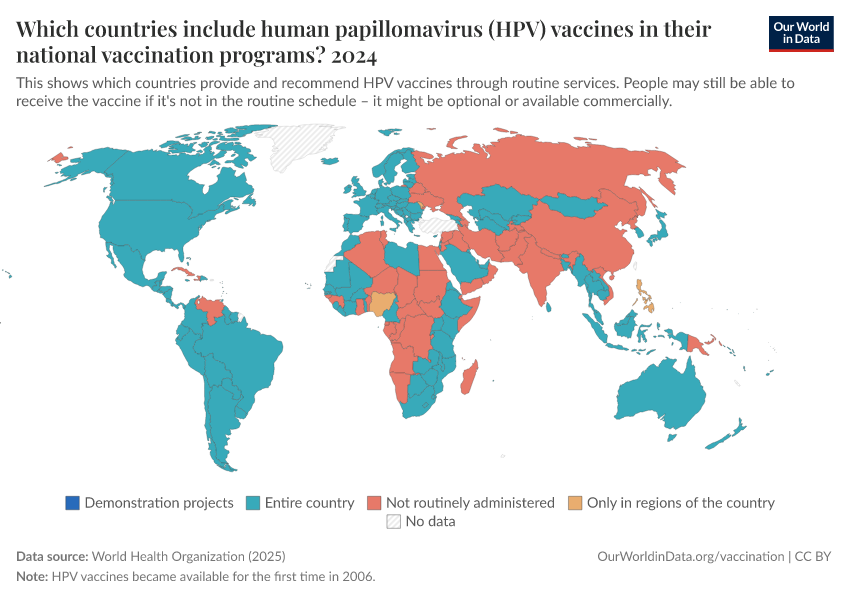 A thumbnail of the "Which countries include human papillomavirus (HPV) vaccines in their national vaccination programs?" chart