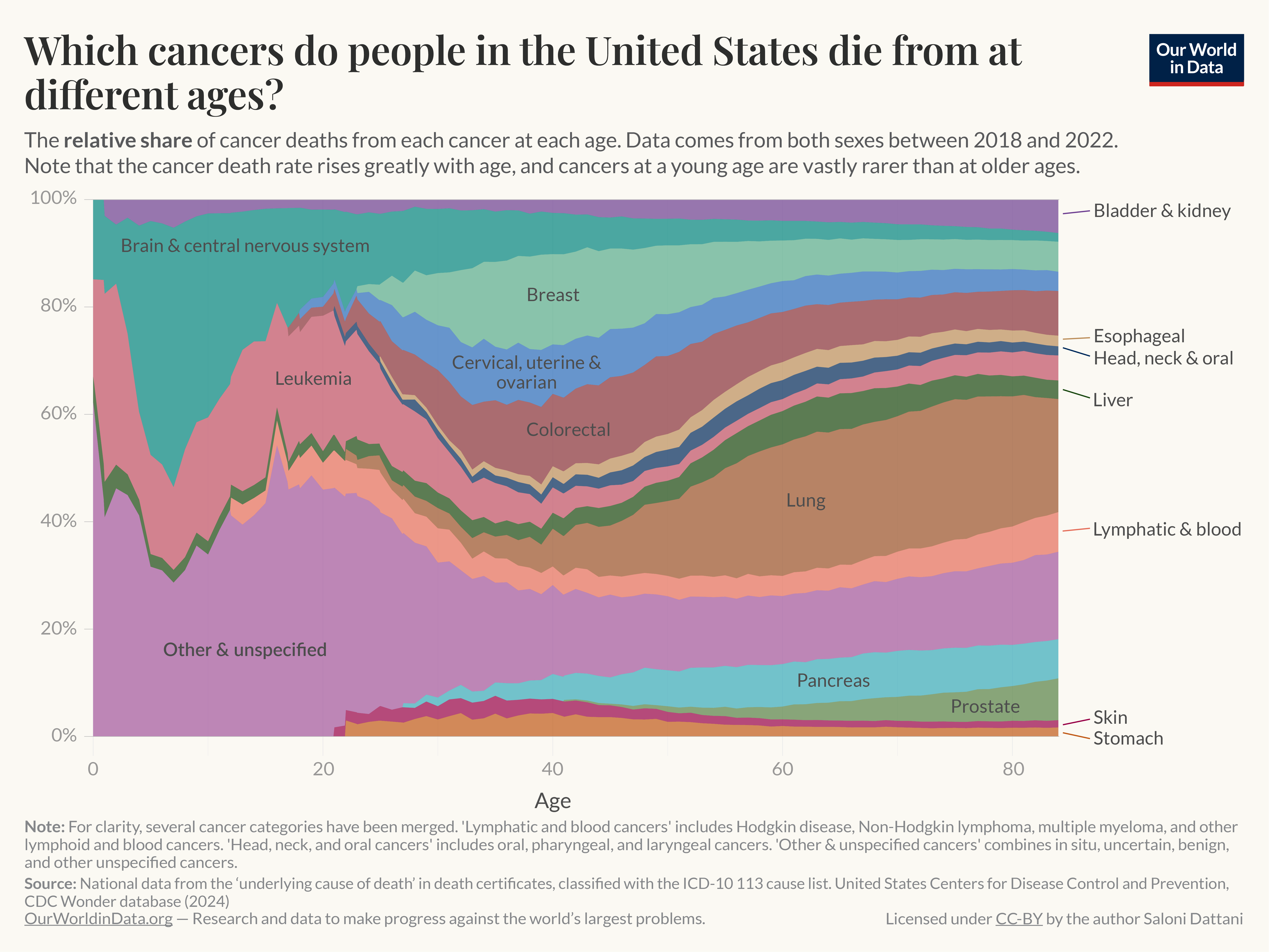 This chart, titled "Which cancers do people in the United States die from at different ages?", illustrates the relative share of cancer deaths from various types of cancer at each single-age group, between 2018 and 2022, for both sexes. It uses data from death certificates classified by ICD-10 codes, with the percentage of deaths on the y-axis and age on the x-axis.
Key overall trends:
In younger ages, brain and central nervous system cancers, leukemia, and lymphatic/blood cancers account for a larger proportion of cancer deaths.
As age increases, the proportion of lung cancer deaths rises dramatically, becoming the dominant cause by age 60 and above.
Breast cancer and colorectal cancer represent a notable share of cancer deaths in middle-aged individuals.
This chart is authored by Saloni Dattani and published on "Our World in Data," with data sourced from the United States Centers for Disease Control and Prevention (CDC), Wonder database (2024). The chart is licensed under CC-BY.
